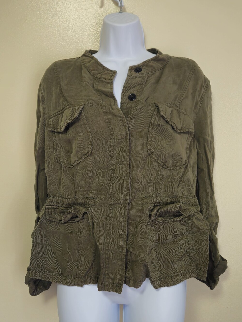 Lola Rae Jacket Army Green Pockets Drawstring Roll Tab Sleeve Women Large
